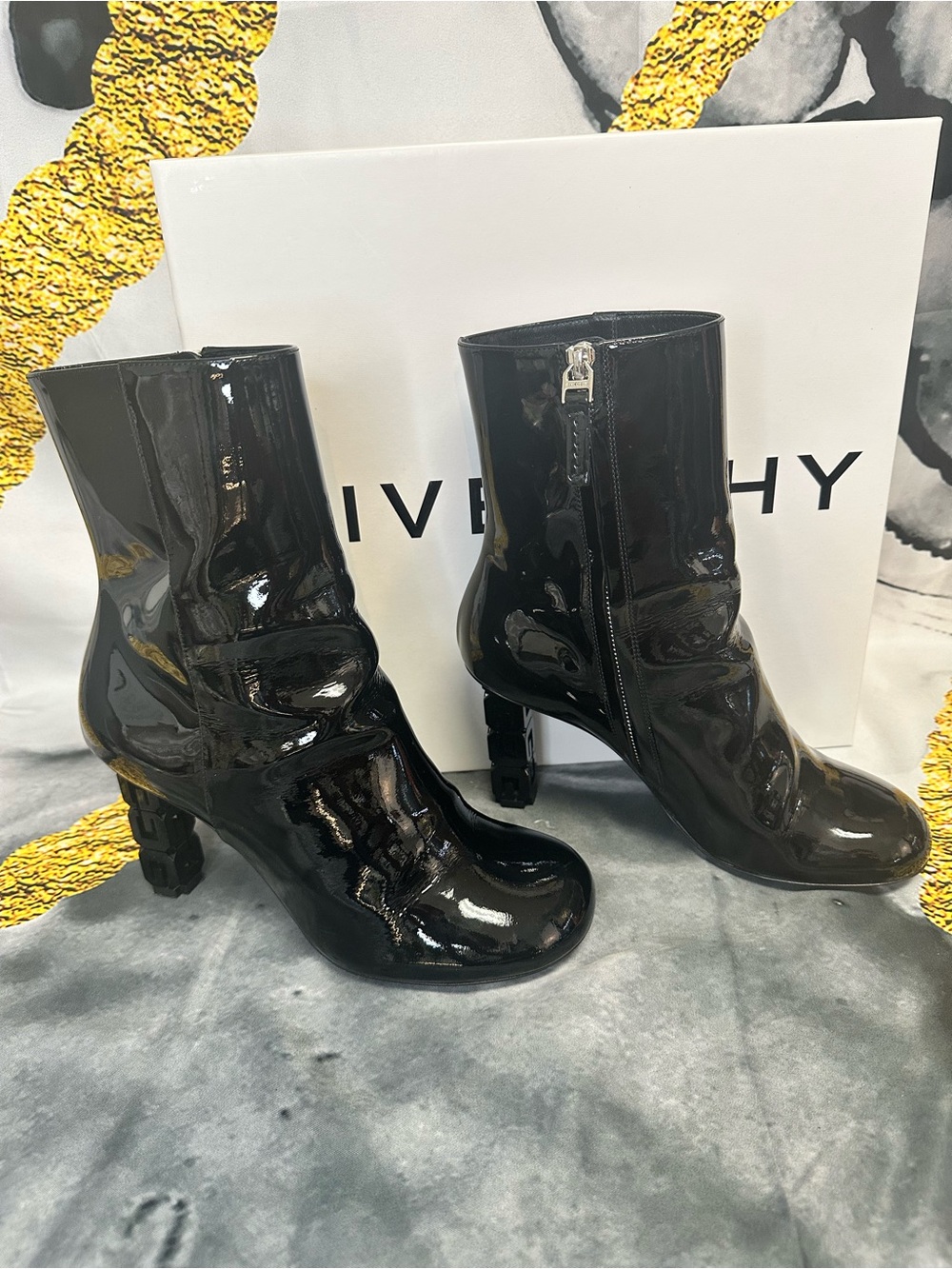 Givenchy Black Patent Leather Sculpted Heel Ankle Boots